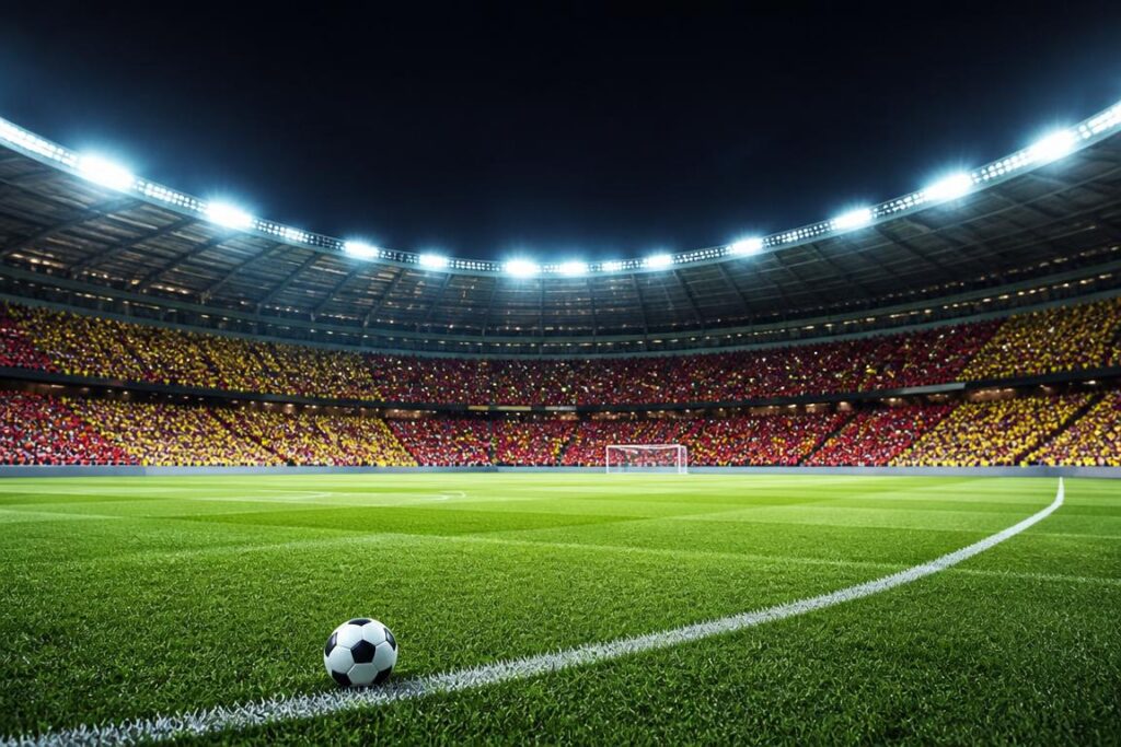 Vue grand angle stade football pelouse verte tribunes colorées ballon pronostics sportifs