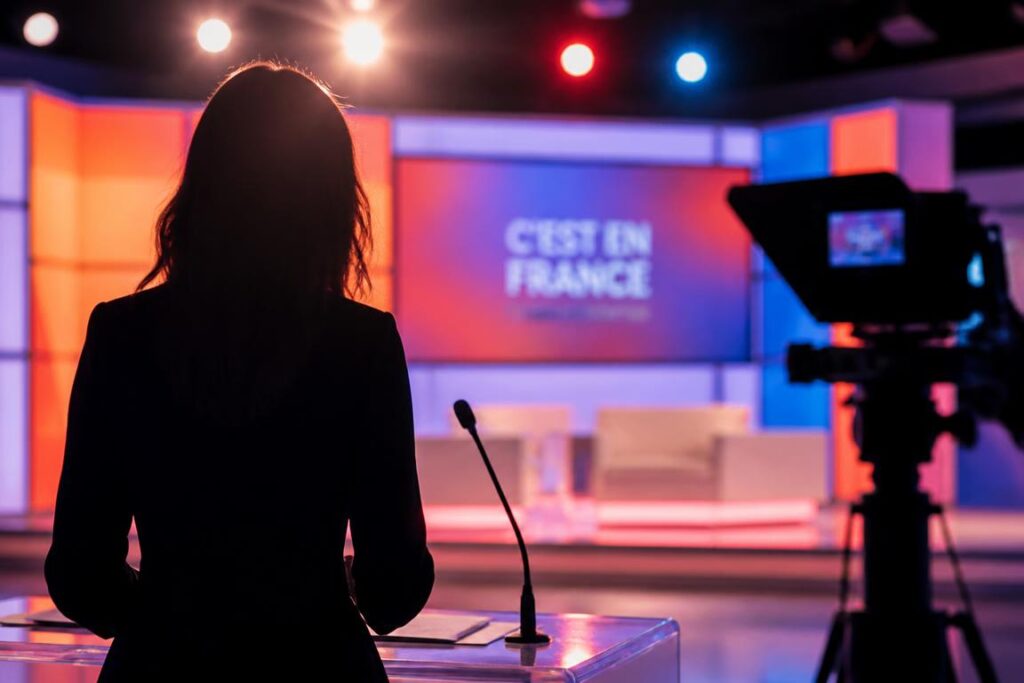 Silhouette présentatrice sur plateau TV français ambiance studio sans visage reconnaissable