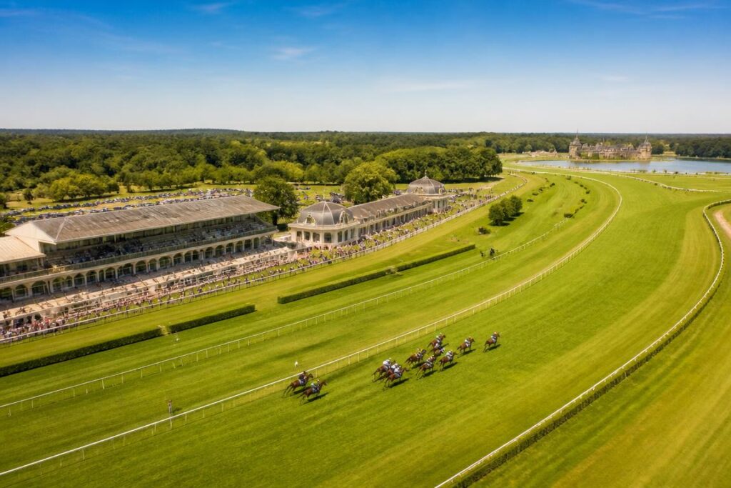 Vue panoramique hippodrome français avec chevaux au galop pendant une course estivale