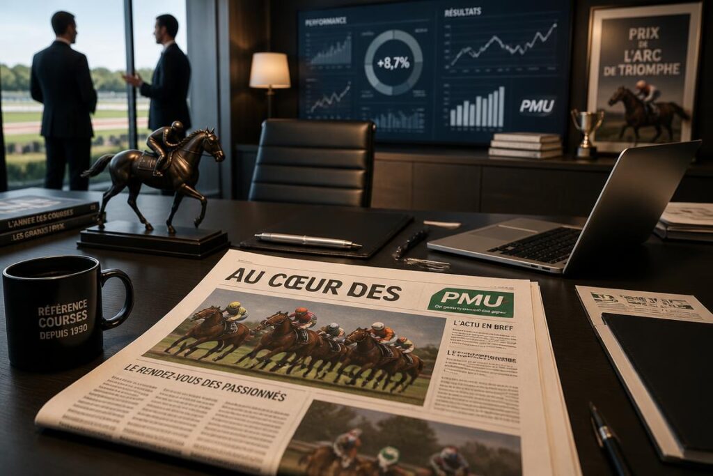 Bureau de direction avec imagerie hippique PMU ambiance presse professionnelle sans visage réel